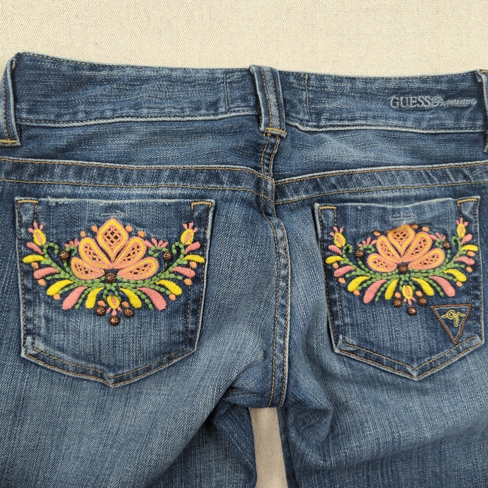 Guess Jeans Womens 27 Blue Boot Cut Embroidered Floral Western Cowgirl Faded